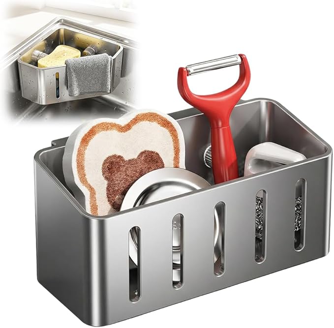 Sponge Holder for Kitchen Sink,2026 Sink Caddy Organizer with Suction Cups,Rustproof Kitchen Storage Rack for Sponge,Soap,Stopper,Brush (1, Square)