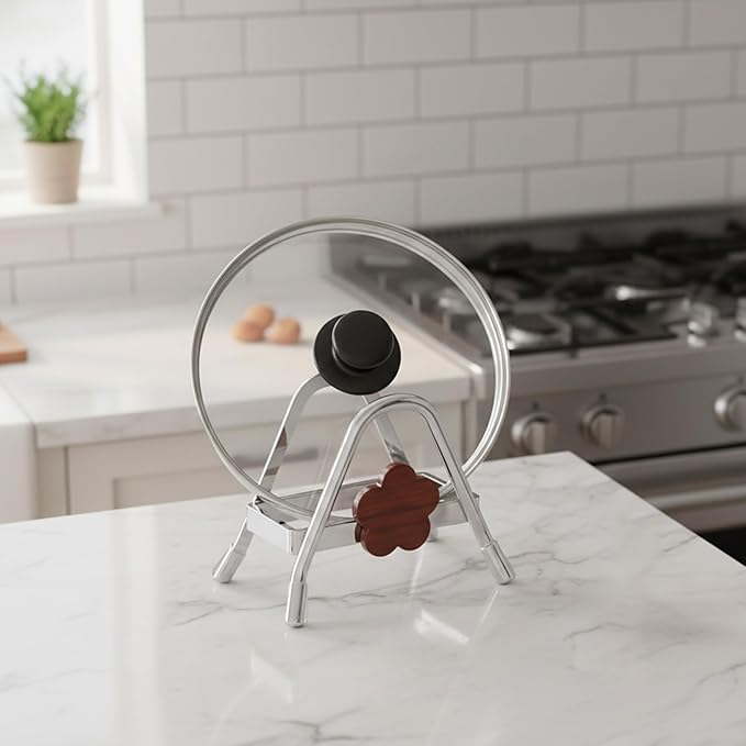 Cutting Board Rack - Stainless Steel Chopping Board Pot Lid Holder Stand with Flower Decor, Stable Triangle for Kitchen Countertop Pots Pan Plate Cutting Boards Cooking Mats Cookware