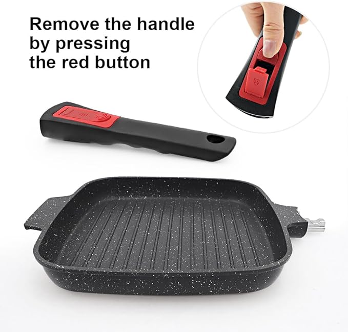RANX INGST Griddle Pan with Detachable Handle, 10 Inch Cast Aluminium Non Stick Steak Pan for Induction Hob, Black