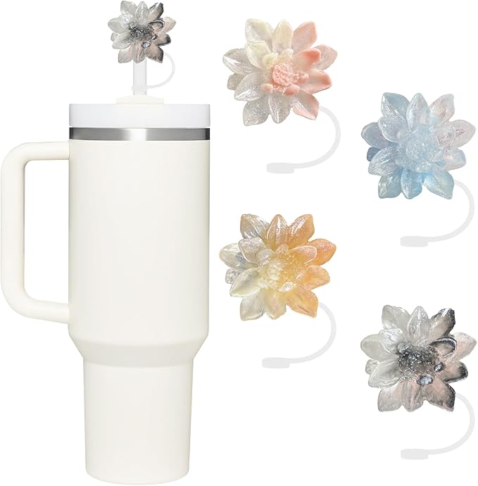 4 Pcs 0.4in Straw Cover for Stanley Cup, Silicone Straw Topper Set for 30&40oz Stanley Tumbler, Fit for 10mm/0.4in Straws (Lotus)