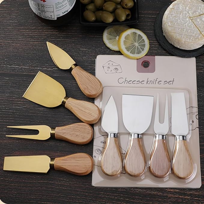 4-Piece Set of Stainless Steel Cheese Knives with Wood Hand, Including Cheese Slicer and Cheese Cutters, Essential Cheese Tools for the Kitchen (Oak handle, Gold)