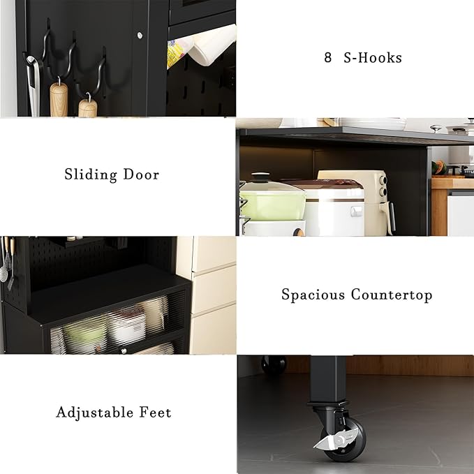 Large Kitchen Bakers Rack, 5-Tier Corner Microwave Stand with Storage, Coffee Bar with 6 S-Shaped Hooks, Open Kitchen Storage Shelves for Spices, Pots and Pans, Black