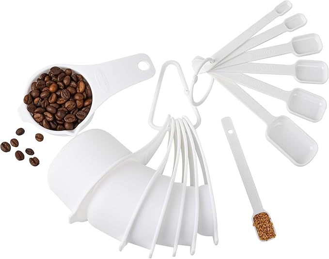 Plastic Measuring Cups and Spoons Set, White Dry Measuring cups Set with Spout and Leveler for Kitchen and Baking, BPA free and Dishwasher Safe, Nesting Measuring Cups Set 15