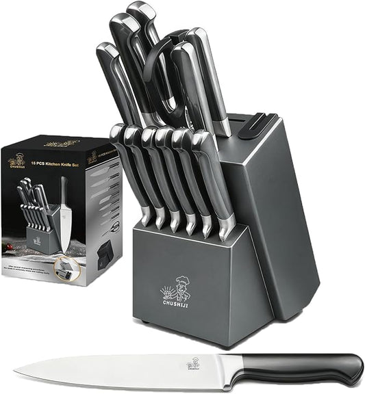 15-Piece German Kitchen Knife Set with Block - Ultra-Sharp Full-Tang Stainless Steel Blades, Built-In Sharpener, Dishwasher Safe, Ergonomic Non-Slip Handles, Christmas Elegant Gift Box, Modern Gray