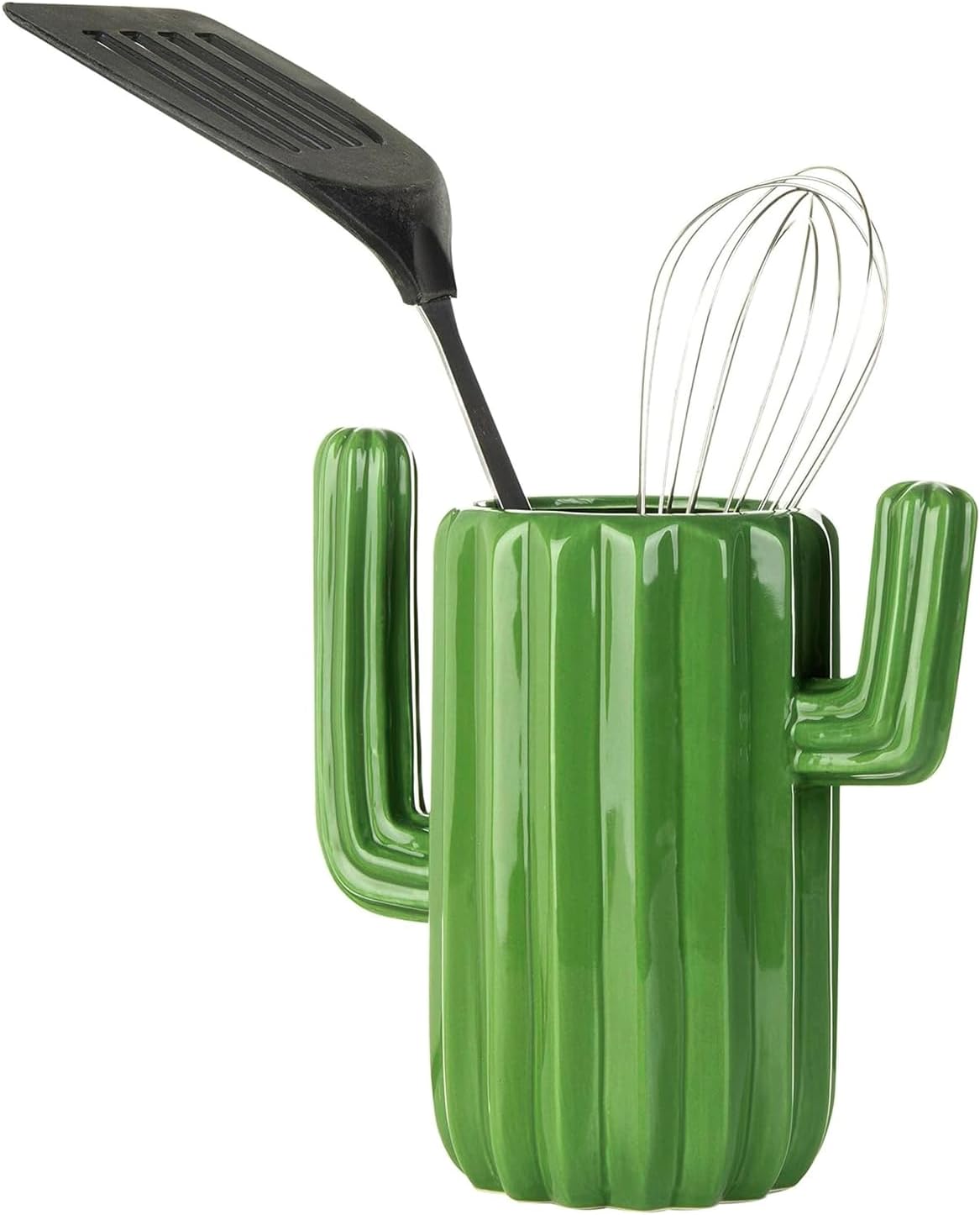 MyGift Ceramic Cactus Utensil Holder, Southwestern Green Countertop Crock – Durable Kitchen Organizer for Spoons, Paintbrushes, Desert & Cactus Home Decor