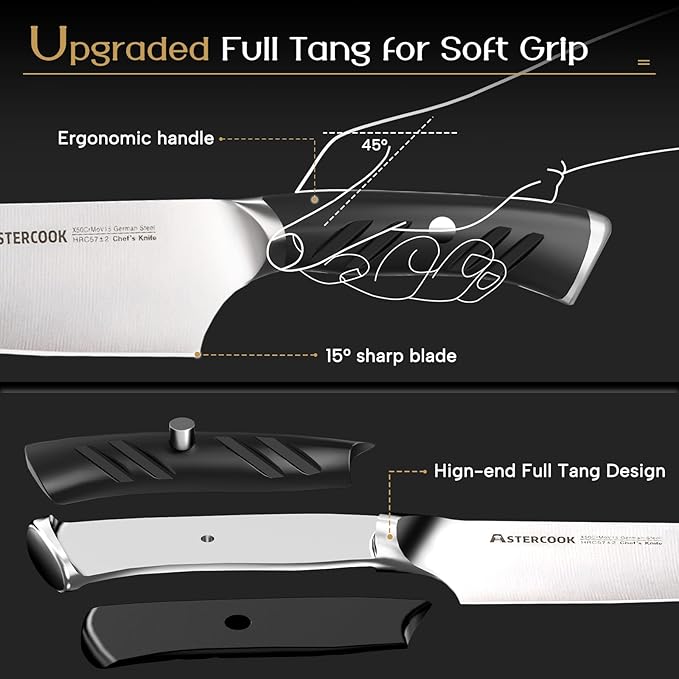 Astercook Knife Set, Kitchen Knives Set with Block and Dual Sharpener Full Tang 15 Pcs German Stainless Steel Knives Sharp Blade Dishwasher Safe Knife Set with Ergonomic Handle, Elegant Black