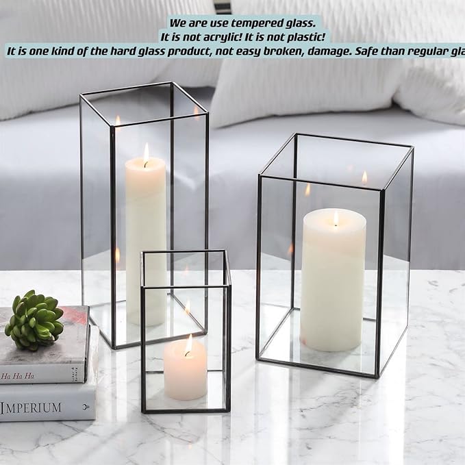 Set of 3 Square Glass Hurricane Candle Holders, Clear Glass Framed in Black-finish Brass , Great for Home Decor and Wedding,Holiday Decor.
