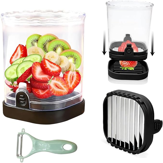 New Stainless Steel Fruit Slicer Cup, Multifunctional Speed Fruit Cutter for Strawberry, Banana, Grape & Egg – Portable Kitchen Gadget for Vegetable Cutting & Salad Prep – Must-Have Kitchen Tool