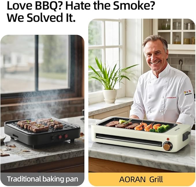 AORAN Electric Indoor Grill – 1700W Smokeless BBQ, Hot Pot & Griddle with 4 Free Tools – Adjustable Temp Control, Non-Stick Coating, Easy Clean White