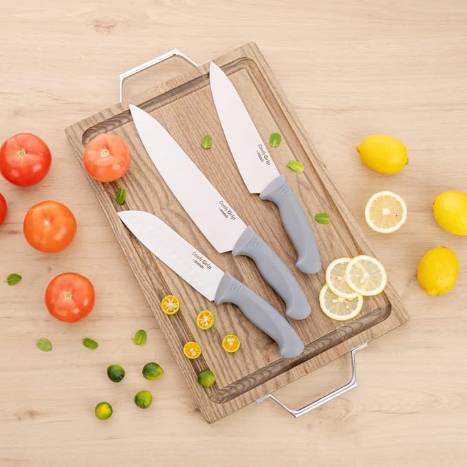 Restaurantware Comfy Grip 10 Inch Chef's Knife 1 Sharp Cooking Knife - Ergonomic Handle Non-Slip Grip Gray Stainless Steel Kitchen Knife Dishwashable Slice Dice Mince or Chop Ingredients