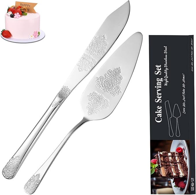 Tiokin Cake Cutting Set for Wedding, Elegant Cake Knife and Server Set with Thickened Stainless Steel Rounded Edges, Cake Cutter Pie Spatula for Birthday Anniversary Christmas 2 Pcs Silver