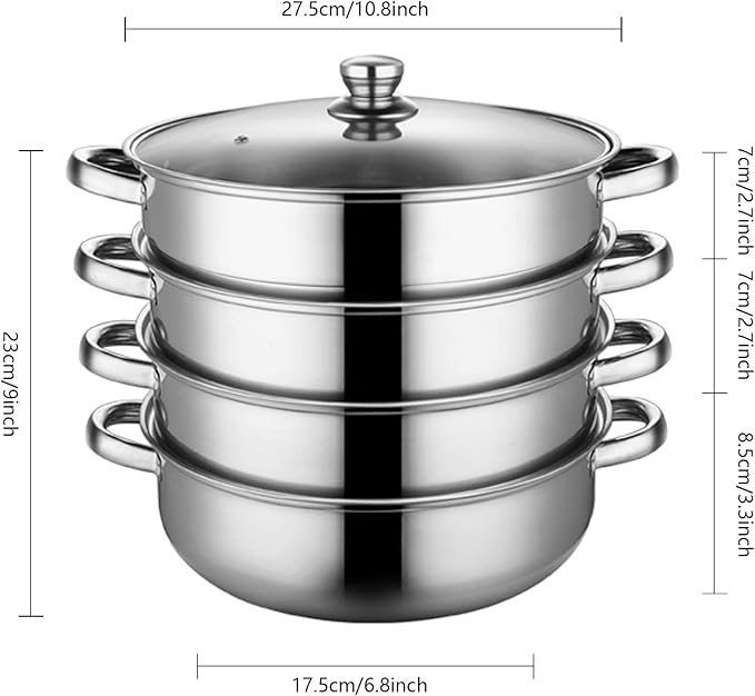 4 Piece Stainless Steel Steamer Pot Set with Glass Lid and handle,for Steamer Cooking,Casserole,Saucepan (4 layer)