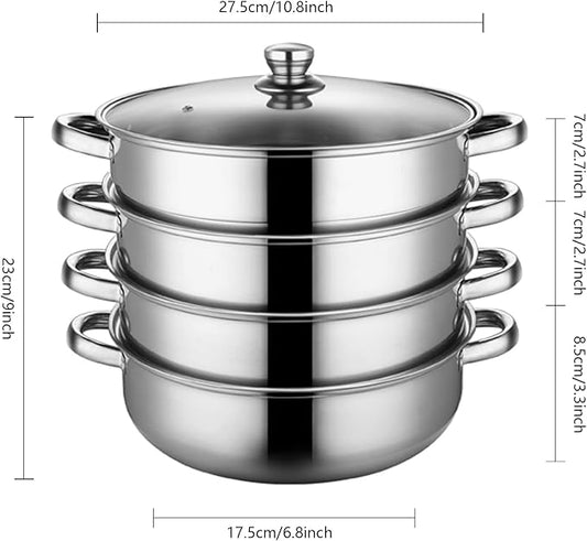4 Piece Stainless Steel Steamer Pot Set with Glass Lid and handle,for Steamer Cooking,Casserole,Saucepan (4 layer)