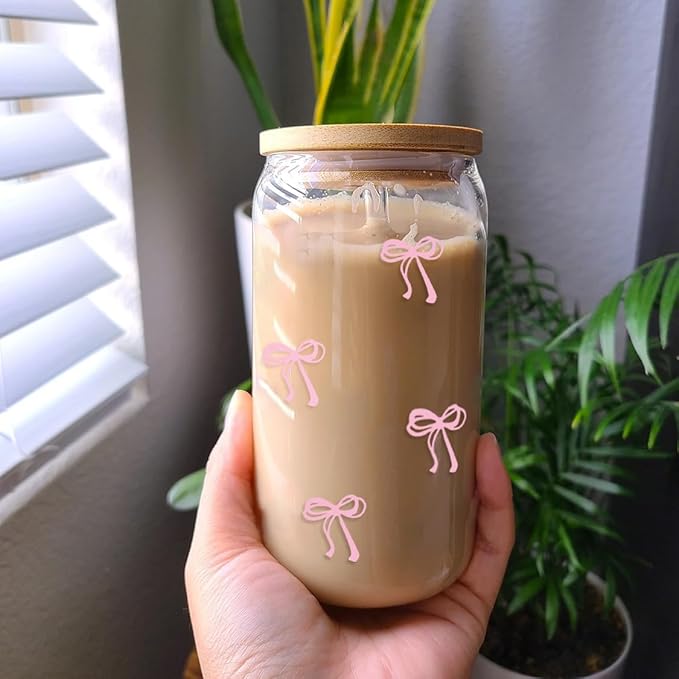 Coquette Aesthetic Glass Cups with Lids and Straws - Pink Bow Iced Coffee Cup Decor, Cute Tumbler Smoothie with Cleaning Brush&Gift Box, Gifts for Girls Women Friends, 16 oz