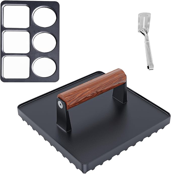 KEESHA Grill Press Set for Griddle, 10" Square Cast Iron Burger Press, Round & Square Egg Molds, Heavy-Duty Smash Steak Press with Professional Grill Marks, 5 Pounds