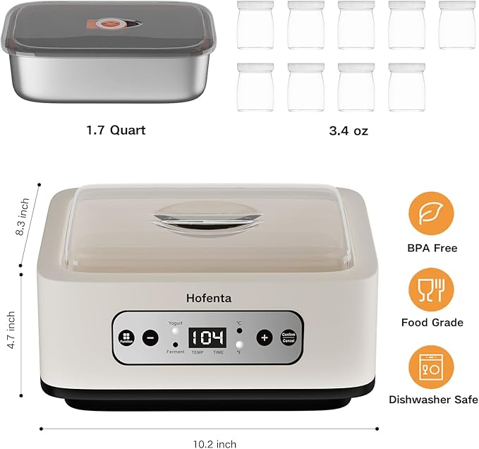 1.7 Quart Yogurt Maker with Stainless Steel Bowl, 9 Glass Jars, Digital Timer, Temperature Control, BPA-Free, Easy-to-Use, Family-Sized for Homemade Probiotic Yogurt, Dishwasher Safe