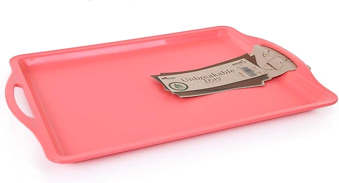 Mintra Home Large Unbreakable Plastic Rectangular Serving Tray/Platter with Handle 14in, Salmon, (Heavy Duty,Large Capacity Great for Kitchen, Wedding, Restaurant Indoor or Outdoor Picnic Camping