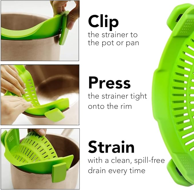 Clip‑On Pot Strainer Silicone Black + Green Dishwasher‑Safe Side‑Mount Design 9.4×4.6×2.5 Inches | Snap Drain Colander for Pans Bowls Skillets | Heat‑Resistant Kitchen Gadget Splash‑Guard