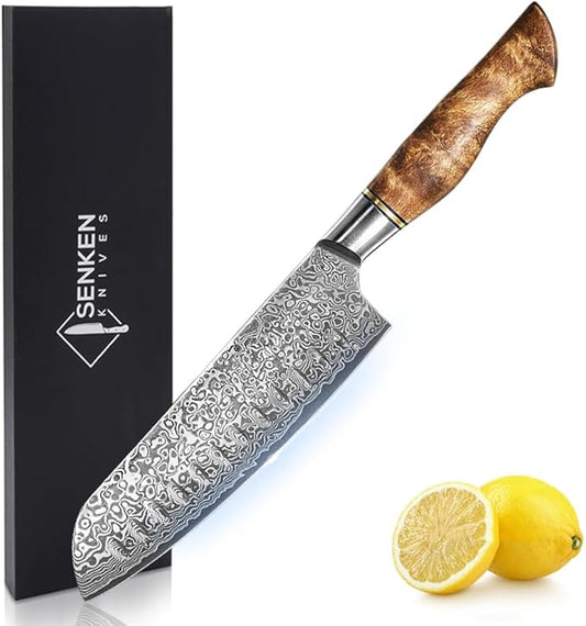 SENKEN 7" Damascus Steel Santoku Knife - Dynasty Collection - 67-Layer Japanese VG10 Steel with Sycamore Wood Handle, Razor Sharp Double Bevel 15° Edge