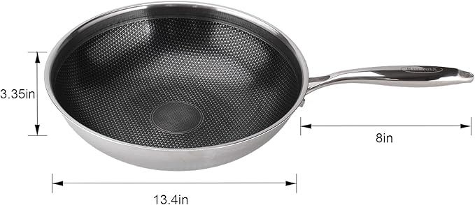 RisenutX Hybrid Wok, 13 inch Wok with lid,Stainless Steel woks & Stir-fry pans Non Stick, PFOA Free Cookware, Dishwasher and Oven Safe, Compatible With Induction
