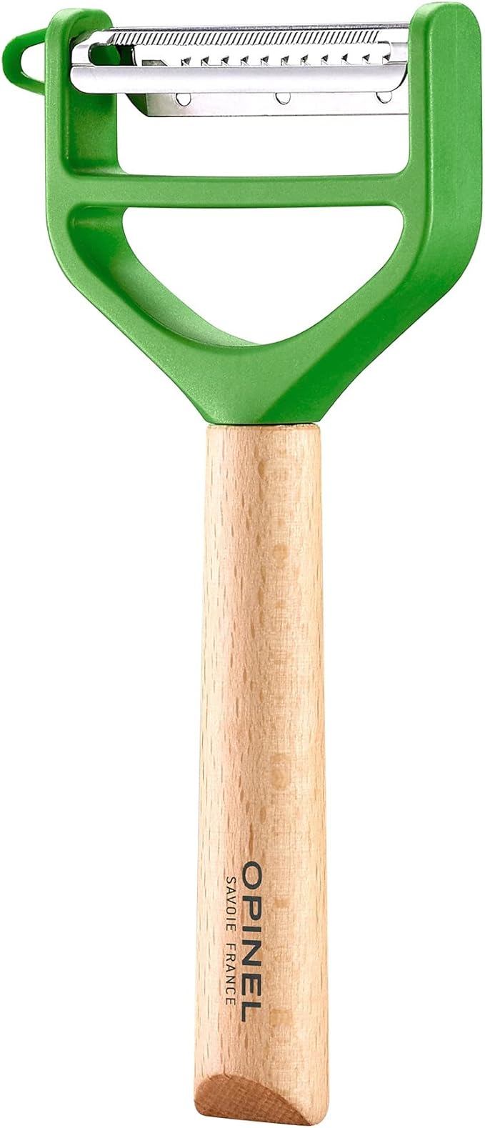 OPINEL - T-Duo Wooden Handle Peeler - Stainless Steel Blades - Comfortable Grip - 1 Micro-Serrated Blade for Peeling + 1 Blade for Preparing Vegetables (Green)
