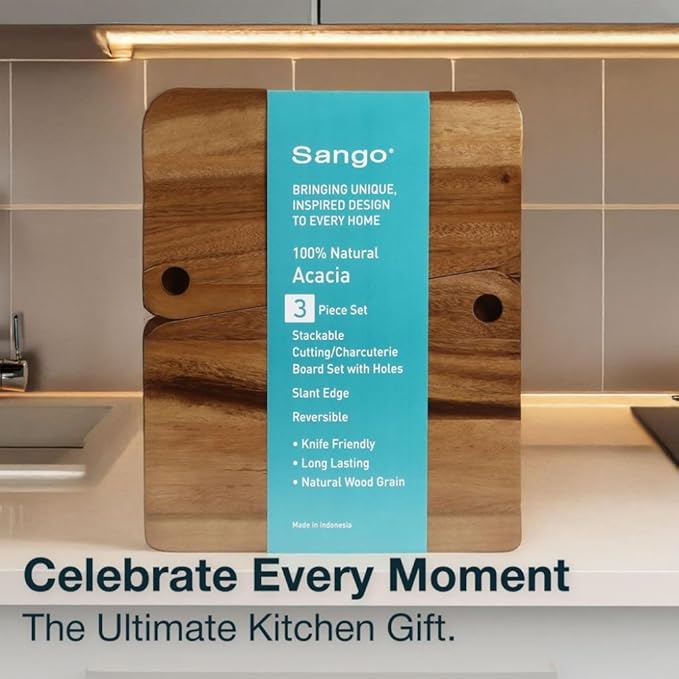 Sango Acacia Cutting Board Set with Slant Edge and Hanging Holes, 3-Piece - Wood Chopping Boards, Stackable & Reversible for Kitchen, Non-Toxic, Perfect as Butcher Block Countertop, Atelier