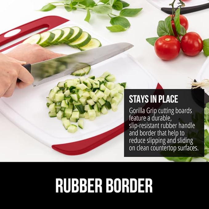 GORILLA GRIP BPA-Free Reversible Kitchen Cutting Board Set of 3, US Designed, Nonporous, Juice Grooves Catch Liquid, Slip Resistant Border, Dishwasher Safe, Durable Large Food Chopping Boards, Red