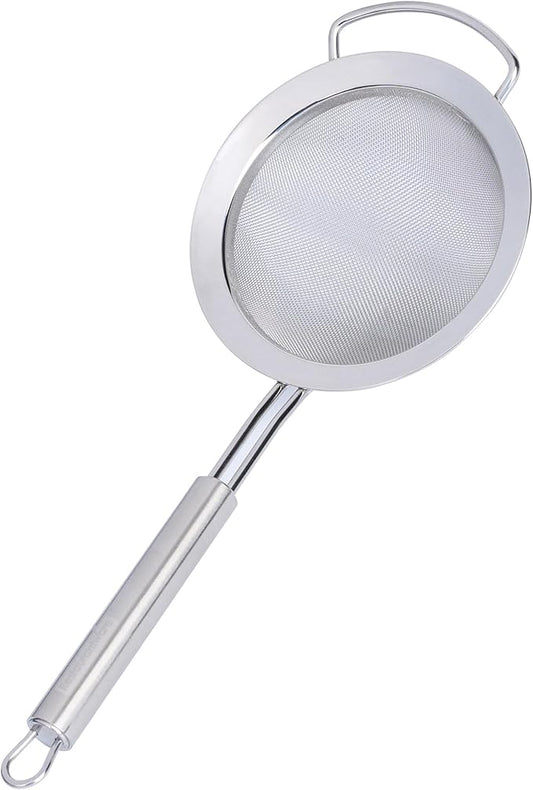 Restaurantware 11.5 in Stainless Steel Fine Mesh Strainer - German Standard Sieve Sifter with Ergonomic Handle, Dishwasher Safe - Reinforced Metal Food Strainer for Quinoa, Soup, Sauce, Baking