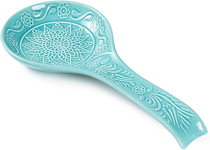 Ceramic Spoon Rest, 9 Inches Large Spoon Holder for Kitchen Counter, Kitchen Accessories, Dishwasher Safe, Turquoise