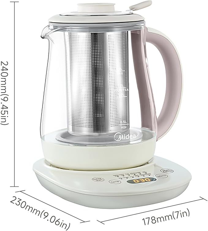 Midea MKH15180CGA Electric Kettle, 1.5L Health Pot with Large Tea Basket, Stainless Steel & Glass Kettle, 12 Programs, 800W, Light Apricot