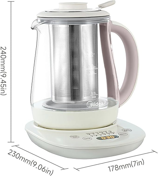 Midea MKH15180CGA Electric Kettle, 1.5L Health Pot with Large Tea Basket, Stainless Steel & Glass Kettle, 12 Programs, 800W, Light Apricot