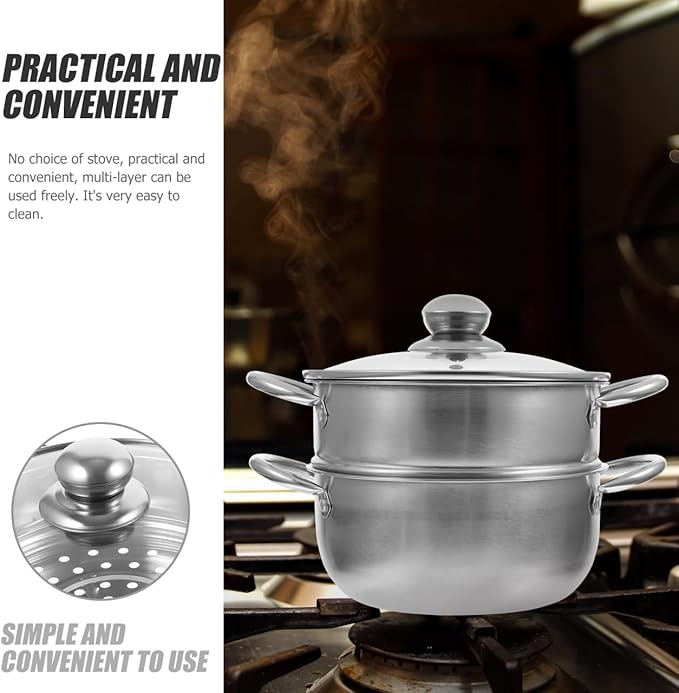 YARNOW Stainless Steel Steamer Pot 9.44 Inch Double Layer Large Capacity Cooking Pot Compatible with Gas and Induction Stove Kitchen Steamer for Healthy Meal Preparation