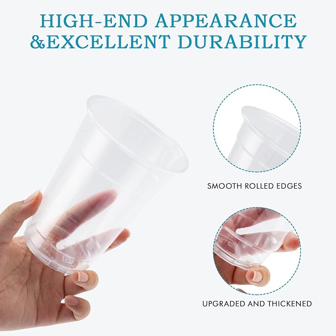 Turbo Bee 100 Pack 16 OZ Clear Plastic Cups, Disposable Crystal Plastic Party Cups for Iced Coffee, Smoothie, Slurpee, or Any Cold Drinks