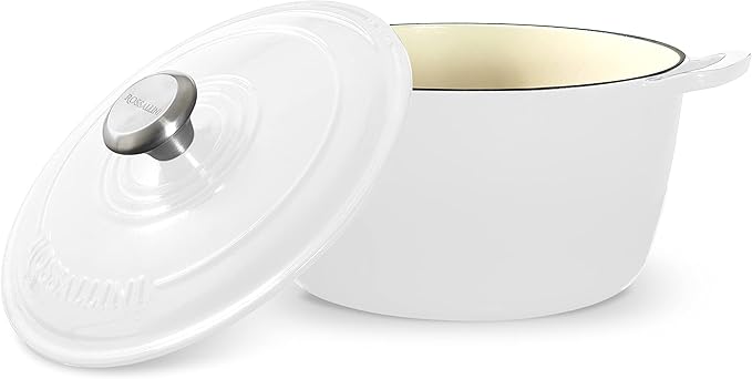 ROSSALLINI Signature Enameled Cast Iron Dutch Oven, Non-Stick Serving Pot with Tight Fitting Lid for Perfect Roasting, Baking, Sauteing, and Bread Making | 5.5Q (5.2L) - White