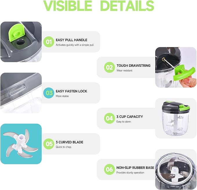 Ziweaye Manual Food Processor Vegetable Chopper, Portable Hand Pull String Garlic Mincer Onion Cutter for Veggies, Ginger, Fruits, Nuts, Herbs, etc., （900ml,Gray-green）