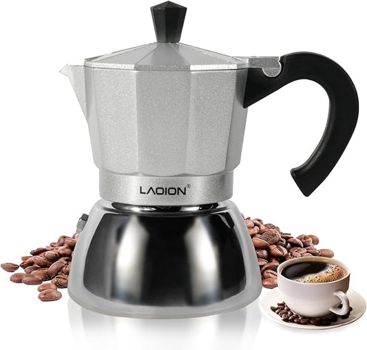 LAOION Stovetop Espresso Maker, 3Cup Moka Pot, Espresso Machine Compatible with Induction Cooktops, 150ml Stainless Steel & Aluminum Cuban Coffee Maker for Cafetera Cubana, Silver