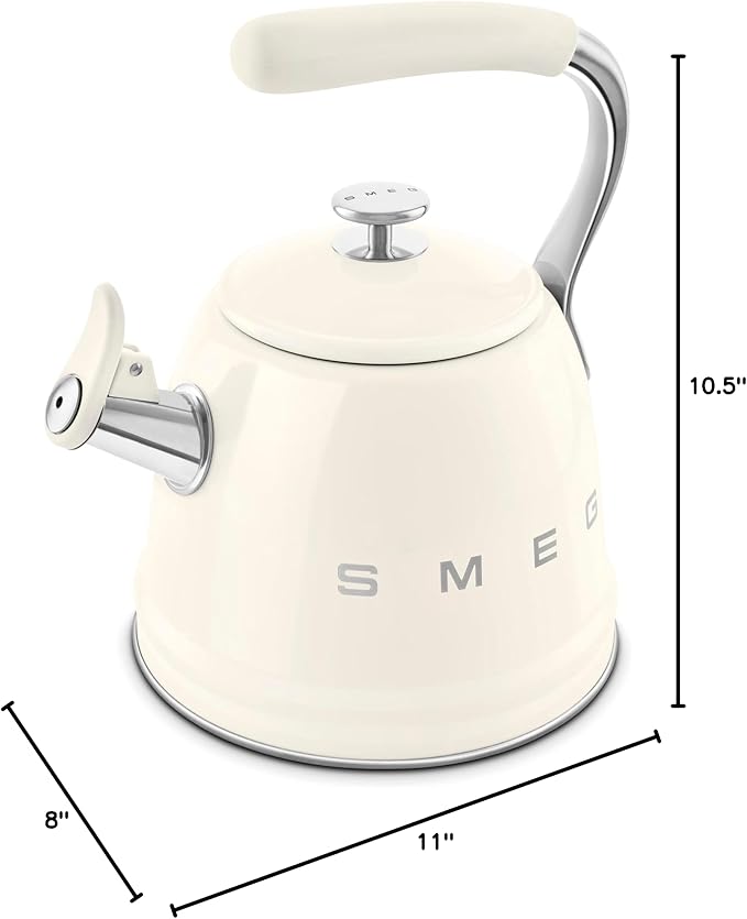 SMEG Stovetop Whistling Kettle – 50s Retro Style, 2.3 Liter (10 Cup / 2.4 Quart) Stainless Steel Tea Kettle with Iconic Design & Whistle – Premium Kitchen Statement Piece-Cream