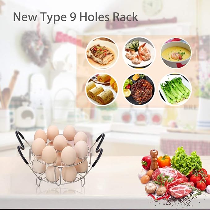 Stackable Egg Steamer Rack Holds 18 Eggs with Handles, Stainless Steel Instant Pot Trivet Fits 6qt/8qt Pressure Cooker, 2-in-1 with Skewers for Grilling