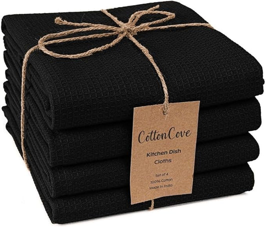 Waffle Kitchen Towels Large 16x26 inch 100% Cotton Set of 4 - Soft Absorbent Washable Tea Towel for Kitchen - Dish Cloths Quick Drying - 320 GSM Quality Dish Towels Black