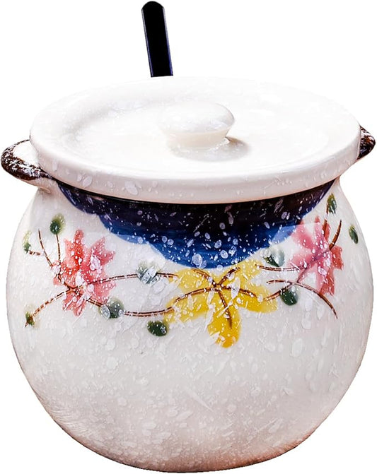 Japanese Red Flower Ceramic Sugar Jar & Spice Container with Lid & Stainless Steel Spoon Set – Kitchen Storage, Elegant Floral Design, Sustainable Gift (Zen-Inspired Tableware)