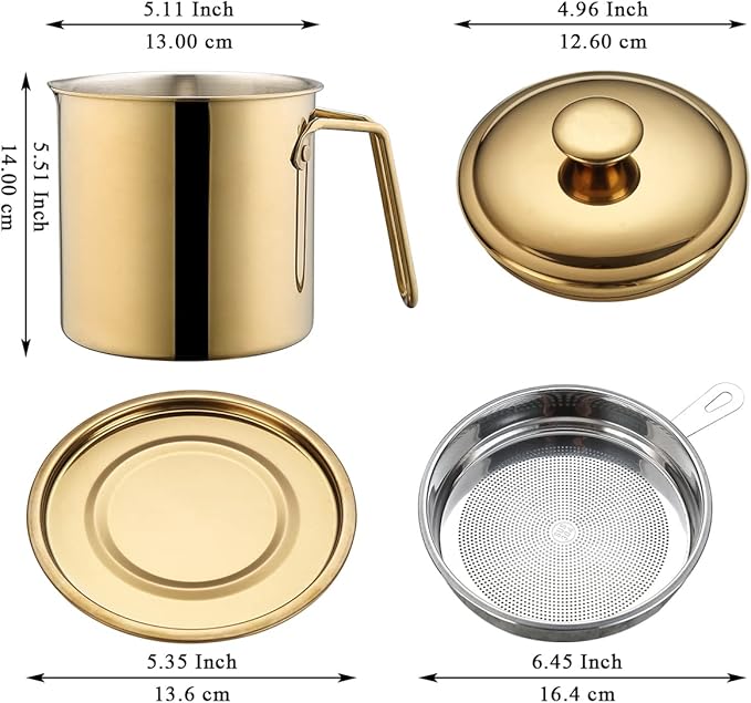 Berglander Gold Bacon Grease Container With Strainer 47oz/1.4L, Titanium Golden Plating Stainless Steel Oil Storage Container with Fine Mesh Strainer Dust-proof for Storing Frying Oil and Cooking Fat