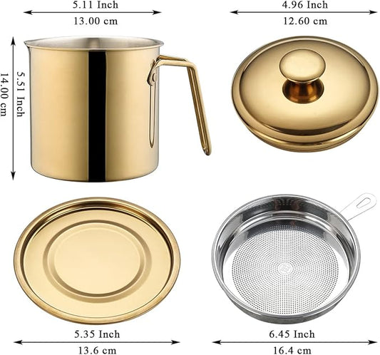Berglander Gold Bacon Grease Container With Strainer 47oz/1.4L, Titanium Golden Plating Stainless Steel Oil Storage Container with Fine Mesh Strainer Dust-proof for Storing Frying Oil and Cooking Fat