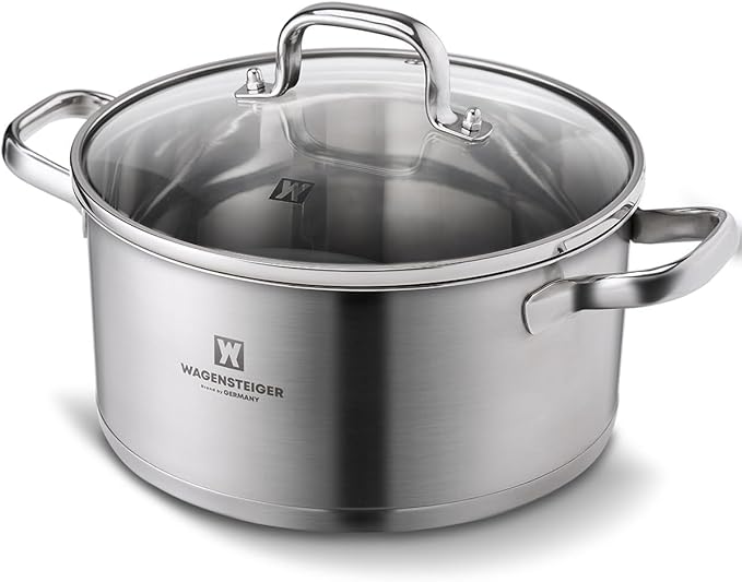 WAGENSTEIGER 7.27-Quart Dutch Oven, Stainless Steel 3-Layer Construction with Aluminum Core, Tempered Glass Lid, Spacious Stock Pot for Boiling, Stewing, Canning – For All Stovetops (9.84" Diameter)