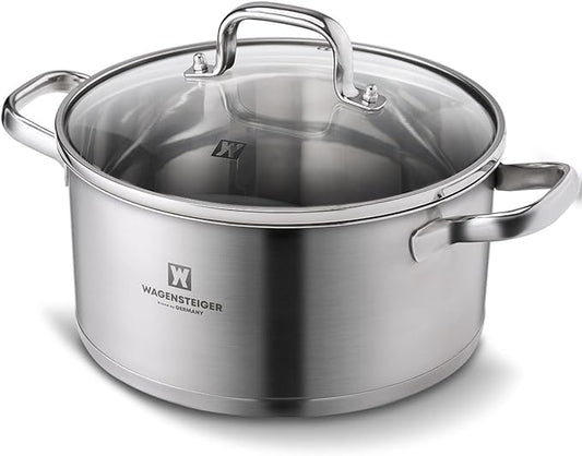 WAGENSTEIGER 7.27-Quart Dutch Oven, Stainless Steel 3-Layer Construction with Aluminum Core, Tempered Glass Lid, Spacious Stock Pot for Boiling, Stewing, Canning – For All Stovetops (9.84" Diameter)