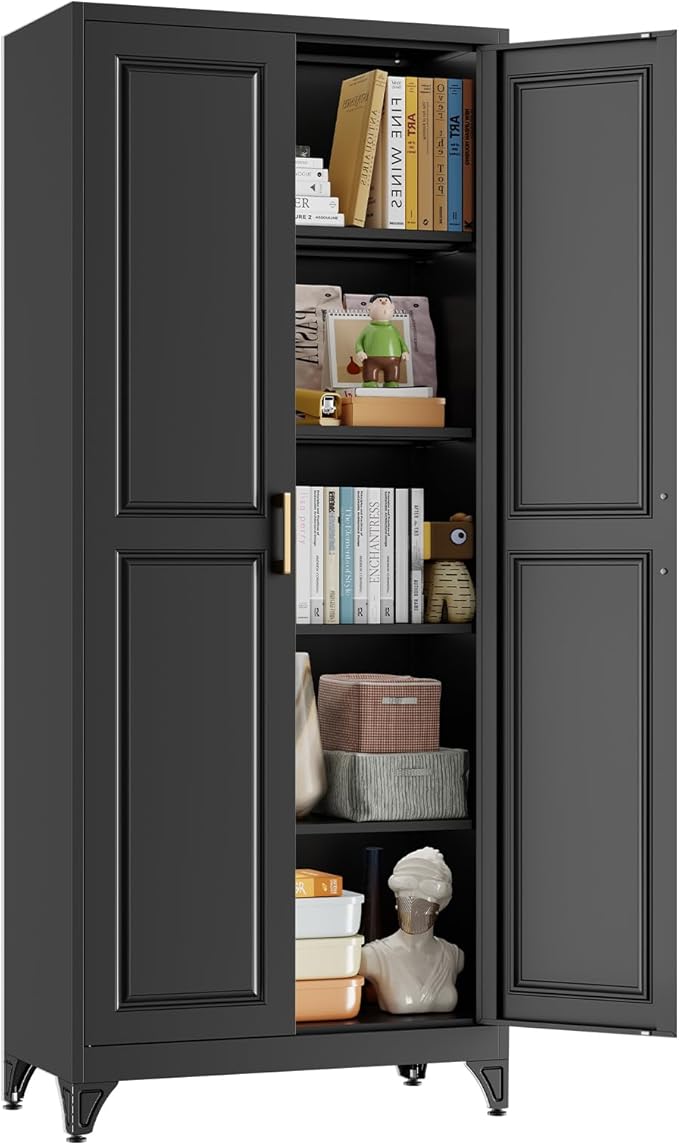 Metal Garage Storage Cabinet with 2 Doors and 4 Shelves,74.8 Kitchen Pantry Cabinet with Anti-Tip Kit & Adjustable Feet, Tall File Tool Cabinets for Office,Home,Garage,Gym