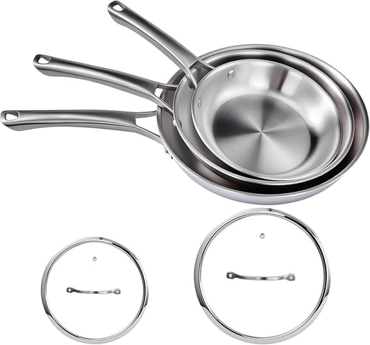 VINGLI 8'' 10'' 12'' Stainless Steel Frying Pan Set, Tri-Ply Skillets Set with Lids, Non-Toxic Chef's Pan, PFOA & PTFE Free, Compatible for All Cooktops, Dishwasher & Oven Safe (5-Pcs Skillets Set)