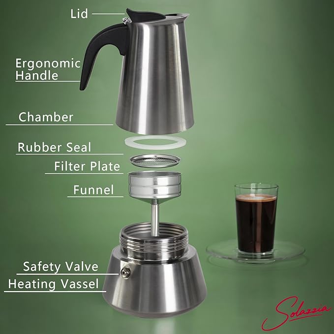 Solazzia 4 Cup Stovetop Espresso Maker Matte Stainless Steel Moka Pot Italian and Cuban Mocha Coffee Maker, Compatible with Gas, Electric, Ceramic, and Induction stovetops(6.6 fl oz/200 ml)