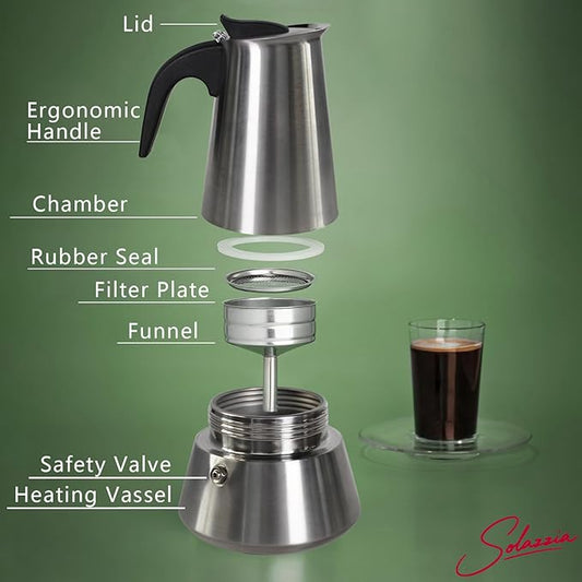 Solazzia 12 Cup Stovetop Espresso Maker Matte Stainless Steel Moka Pot Italian and Cuban Mocha Coffee Maker, Compatible with Gas, Electric, Ceramic, and Induction stovetops(20 fl oz/600 ml)