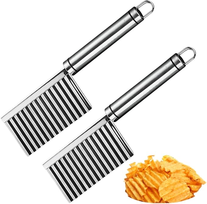 Crinkle Cutter Stainless Steel French Fry Cutter for Potatoes, Heavy Duty Wavy Chopper & Potato Slicer, All Stainless Steel Blade French Fries Cutter for Vegetable and Fruit (2pcs)