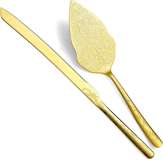 Berglander Gold Wedding Cake Knife and Server Set, Titanium Gold Plating With Unique Pattern Design Cake Cutter Serving Set Perfect For Wedding, Birthday, Parties and Events Dishwasher Safe